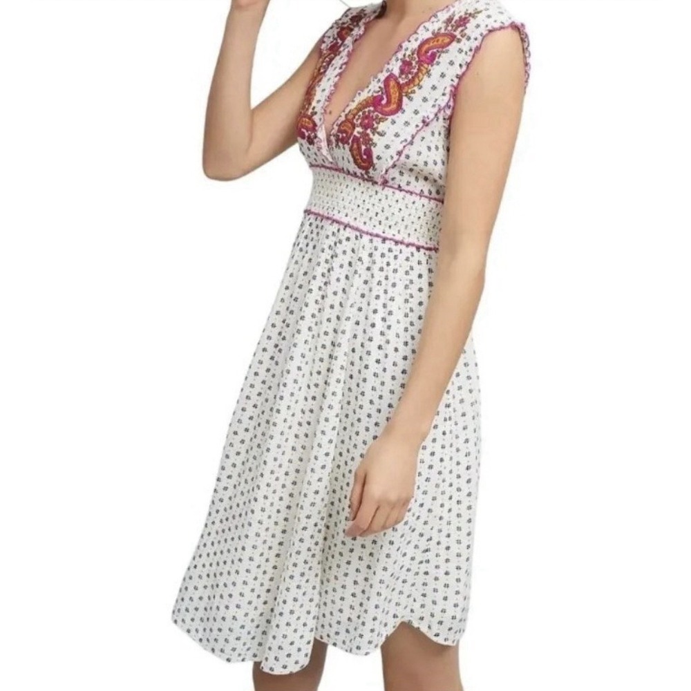 Anthropologie Lilka Maggie Embroidered Paisley Smocked Empire Dress Size L Boho